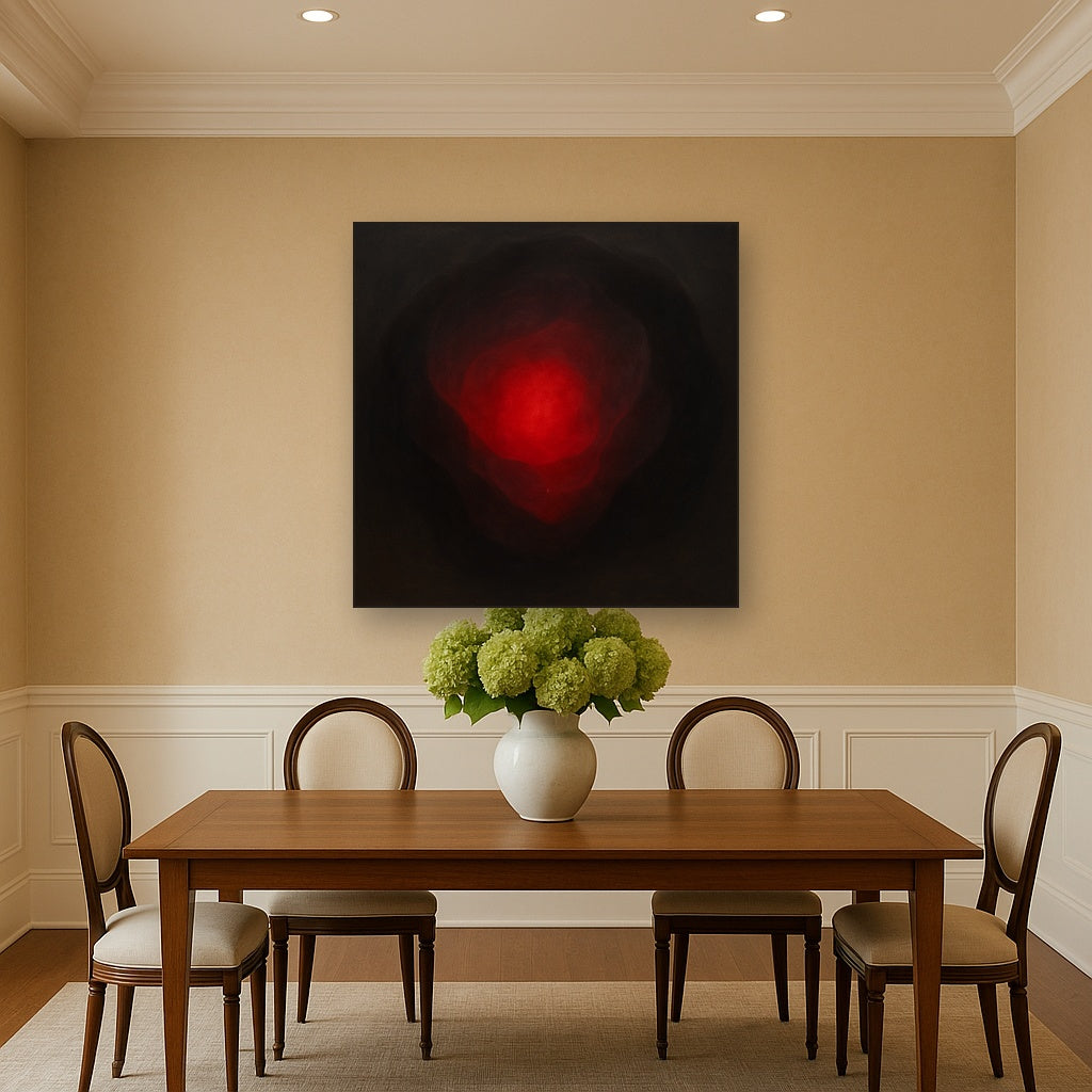 Smoky Ruby & Warm Obsidian Veils No. 9 Oil Painting Staged Above Dining Room Credenza, Elegant Hand Painted Oil Art for Dining Room Walls