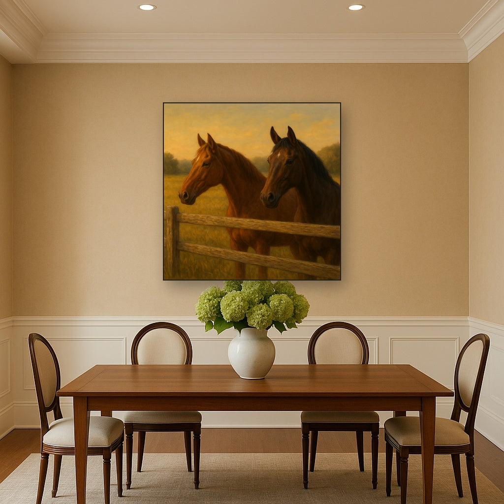 Two Horses at Rustic Post & Rail Fence No. 17 Oil Painting - View 4