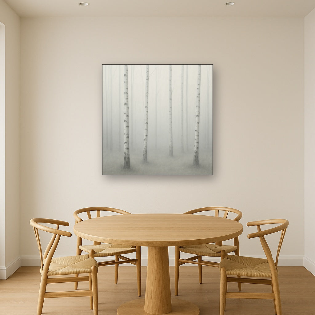 Pale Birch Woodland Silhouette in Whiteout No. 19 Oil Painting Staged Above Dining Room Credenza, Elegant Hand Painted Oil Art for Dining Room Walls