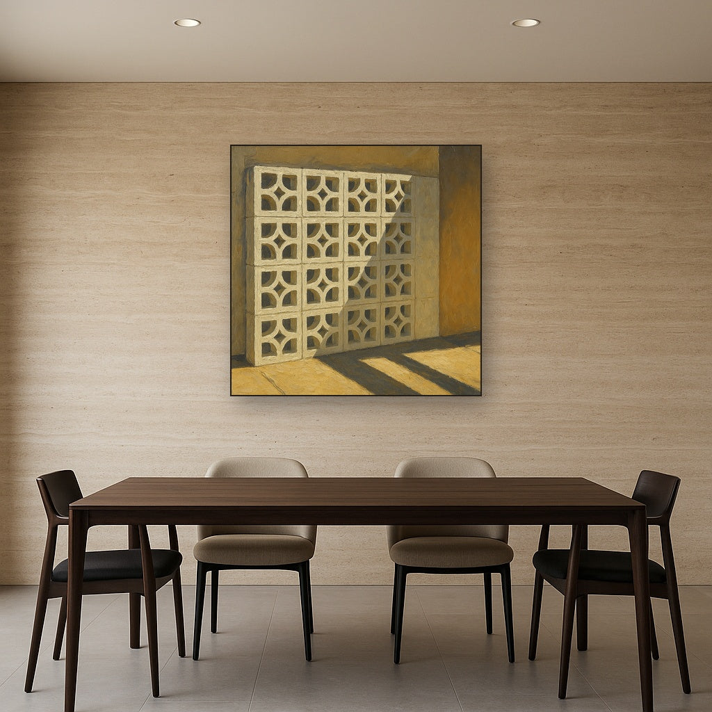 Desert Modern Breeze Block Shadow No. 2 Oil Painting - Styled in Elegant Dining Room