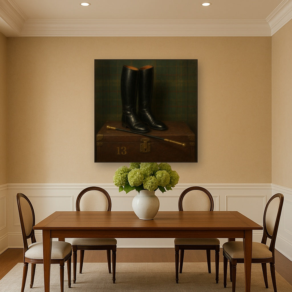 Vintage Riding Boots & Brass Crop on Trunk No. 13 Oil Painting Staged Above Dining Room Credenza, Elegant Hand Painted Oil Art for Dining Room Walls