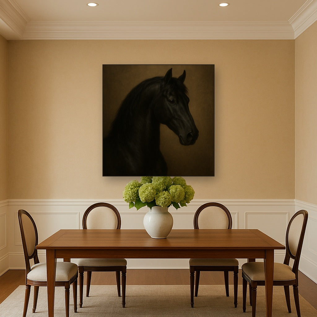 Dark Stallion Portrait in Classical Sfumato No. 15 Oil Painting Staged Above Dining Room Credenza, Elegant Hand Painted Oil Art for Dining Room Walls