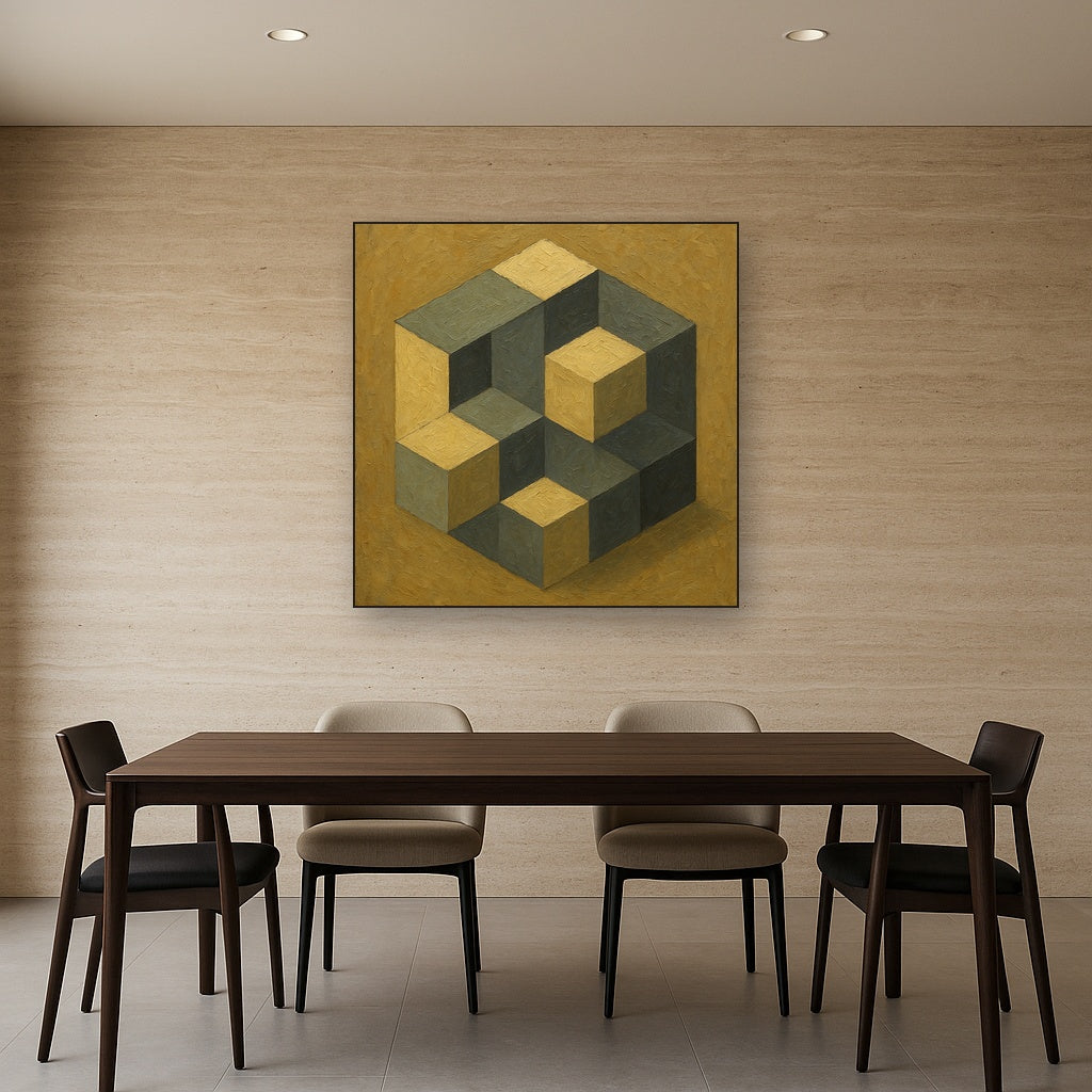 Isometric Modernist Cube Abstraction No. 5 Oil Painting - Styled in Elegant Dining Room