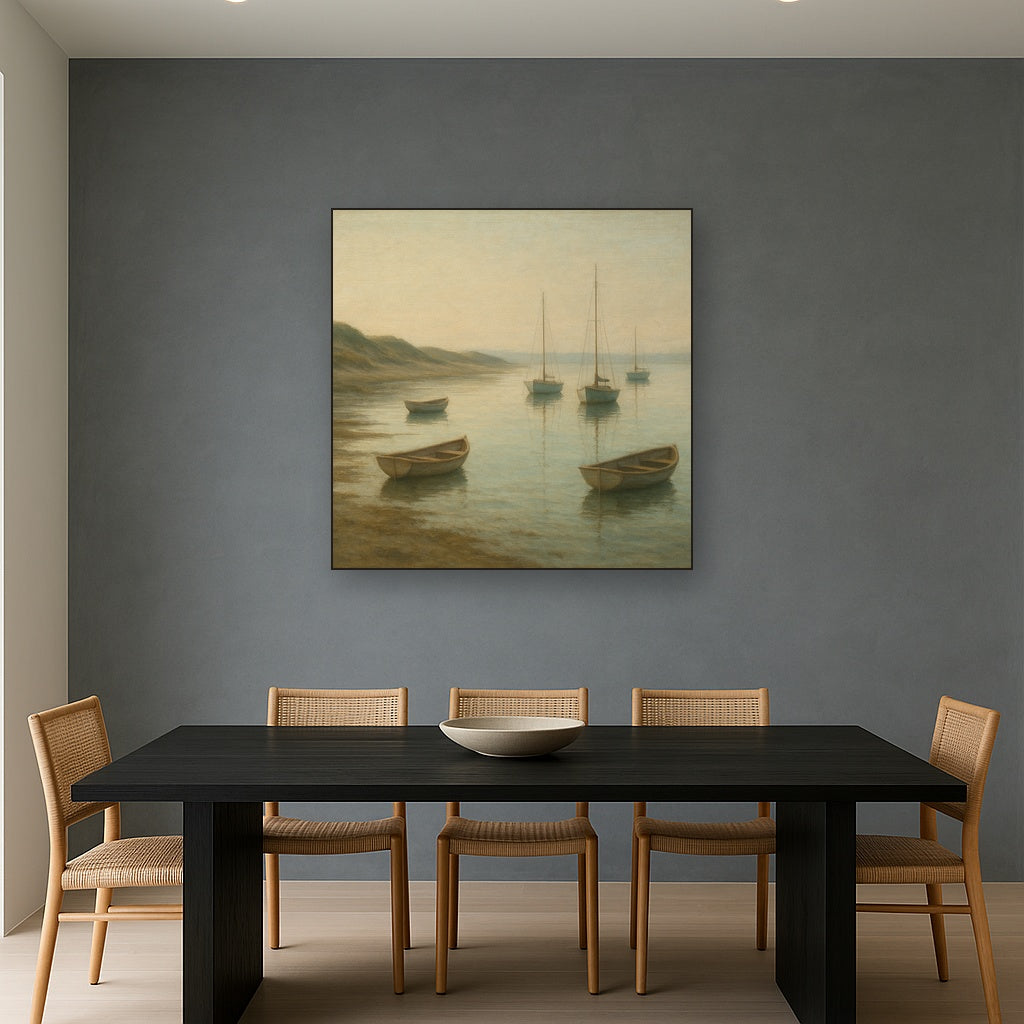 Quiet Fishing Harbor at Morning Low Tide No. 20 Oil Painting Staged Above Dining Room Credenza, Elegant Hand Painted Oil Art for Dining Room Walls
