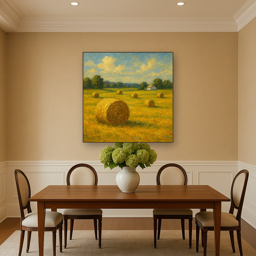 Rolling Meadow Hay Bales Horizon No. 5 Oil Painting - Styled in Elegant Dining Room