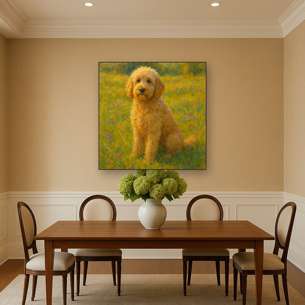 Fluffy Goldendoodle in Sun-Drenched Meadow No. 5 Fine Art Oil Painting - View 4
