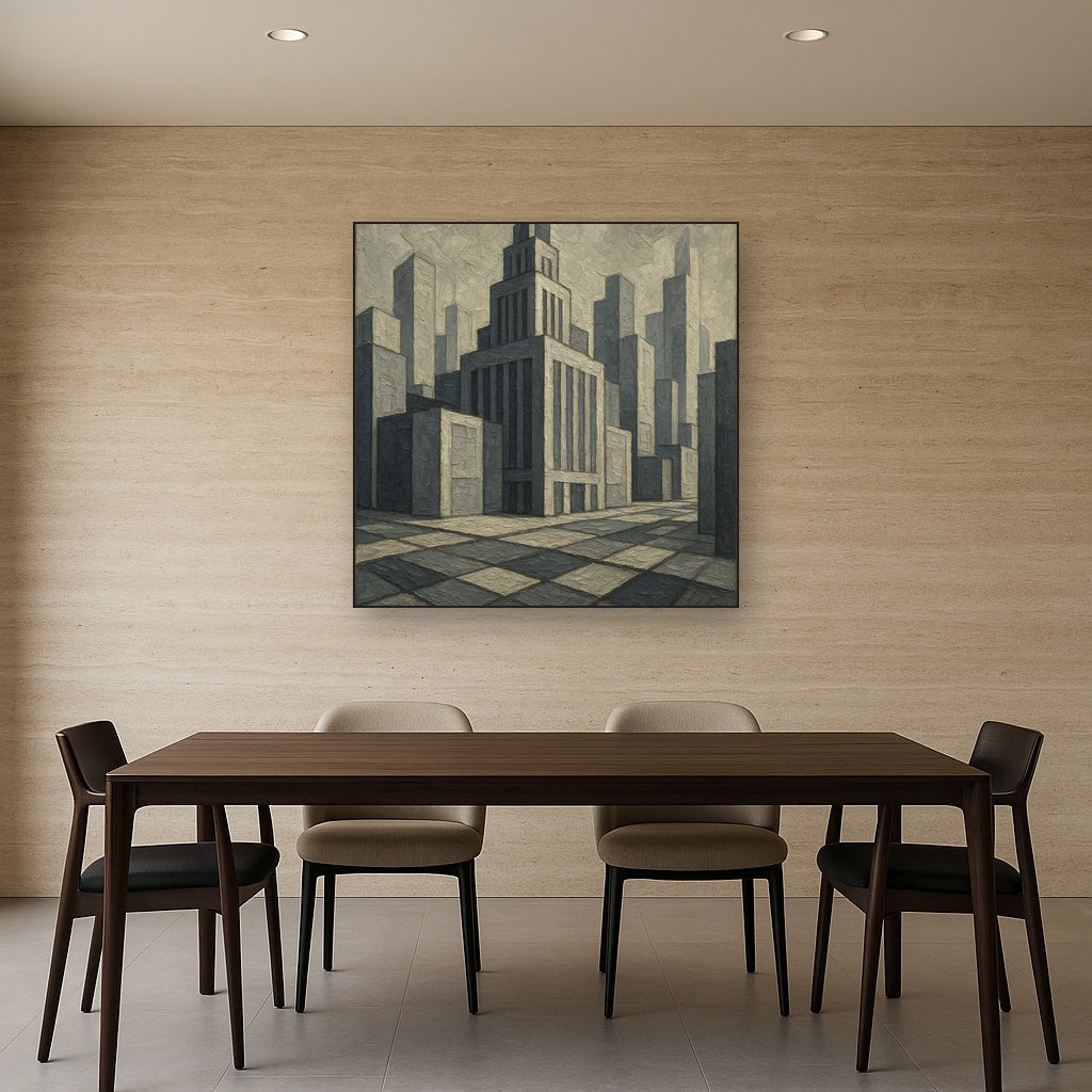 Metropolis Facade Modernist Geometric Oil Painting - View 4