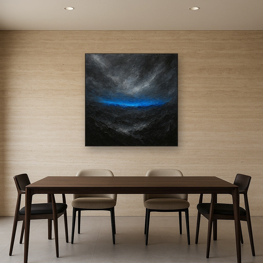 Cobalt Horizon Dynamic Modern Abstract Oil Painting - Styled in Elegant Dining Room