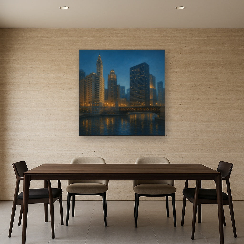Chicago Riverfront Architecture at Blue Hour No. 9 Oil Painting - View 4