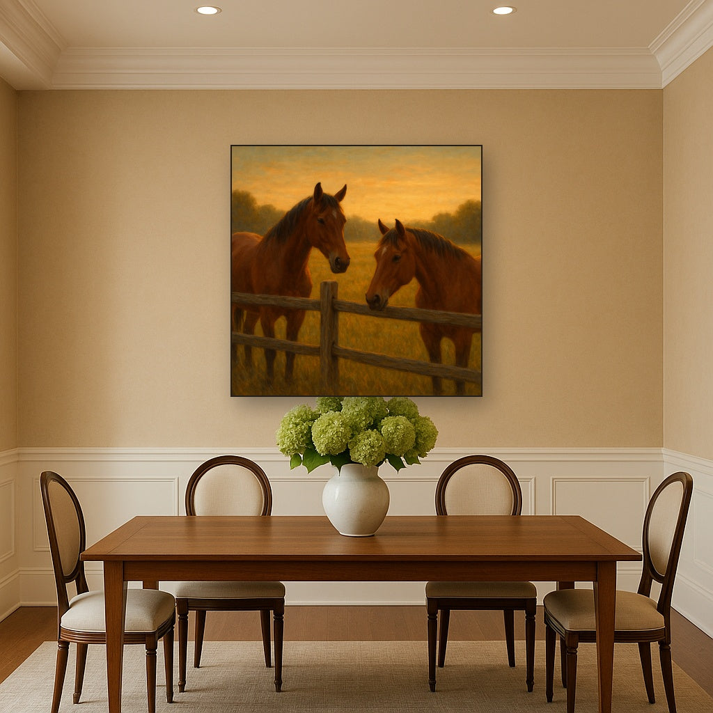 Two Horses at Rustic Post & Rail Fence No. 13 Oil Painting - View 4