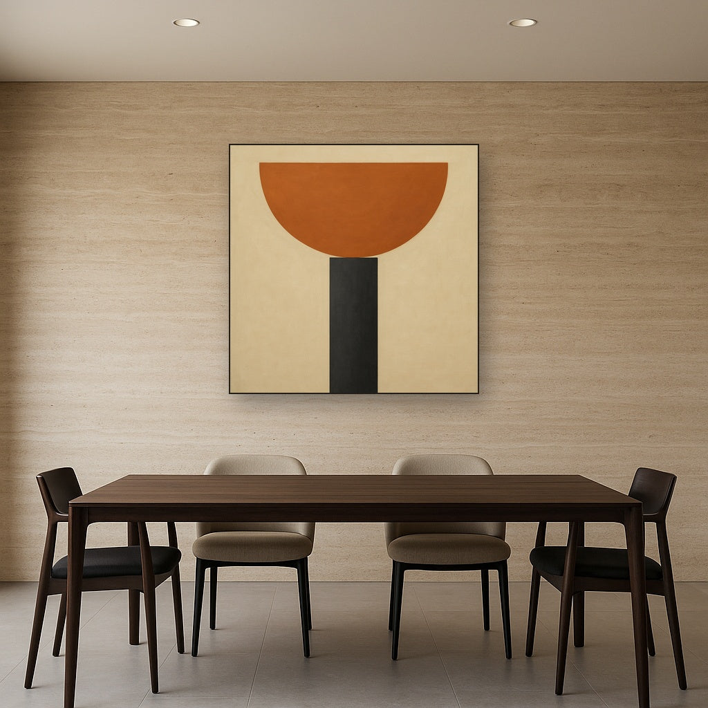 Semicircle Horizon & Minimalist Pillar No. 4 Oil Painting Staged Above Dining Room Credenza, Elegant Hand Painted Oil Art for Dining Room Walls