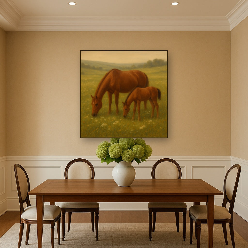 Mares & Foals Grazing in Rolling Meadow No. 16 Oil Painting - View 4
