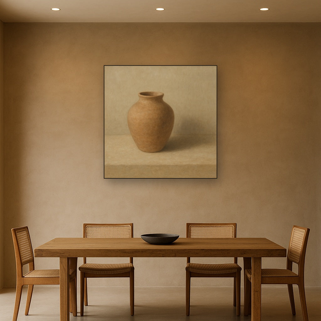 Organic Clay Vessel & Solitary Shadow Oil Painting Staged Above Dining Room Credenza, Elegant Hand Painted Oil Art for Dining Room Walls