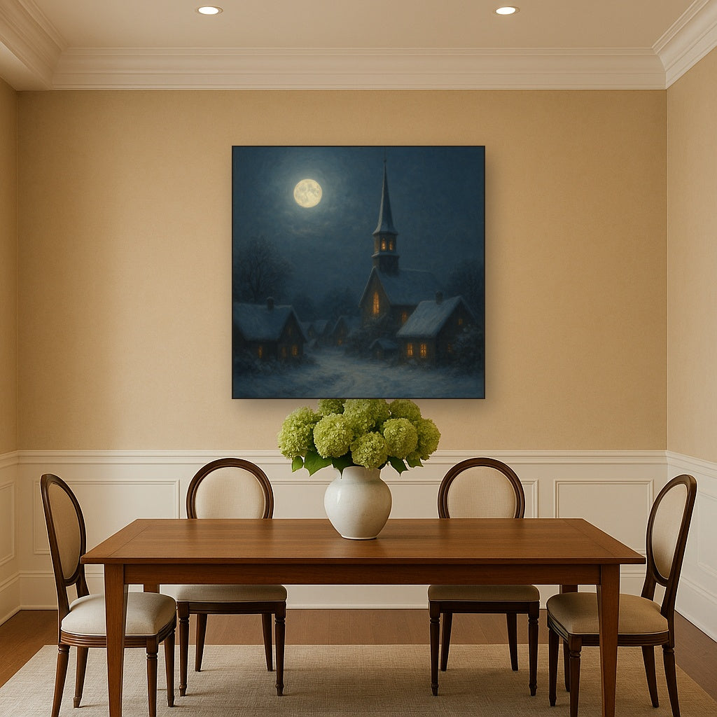 Moonlight Over Snowy Village Steeple No. 10 Oil Painting - View 4
