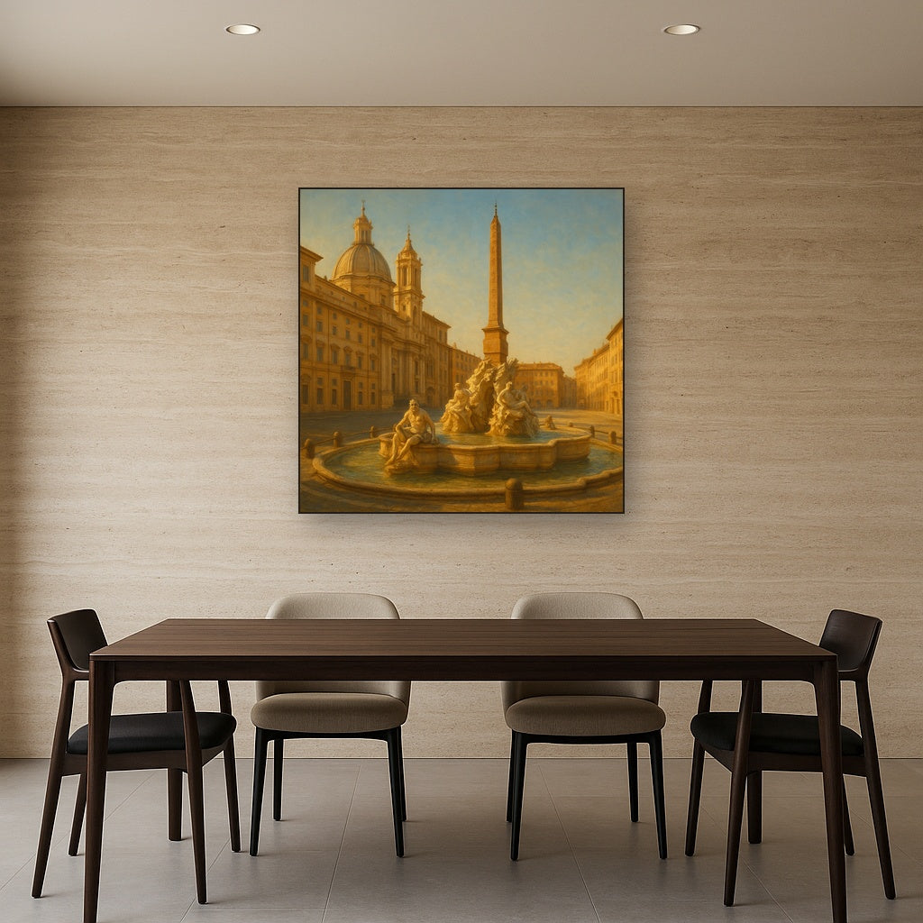 Rome Piazza Fountain in Morning Sunlight No. 21 Oil Painting Staged Above Dining Room Credenza, Elegant Hand Painted Oil Art for Dining Room Walls