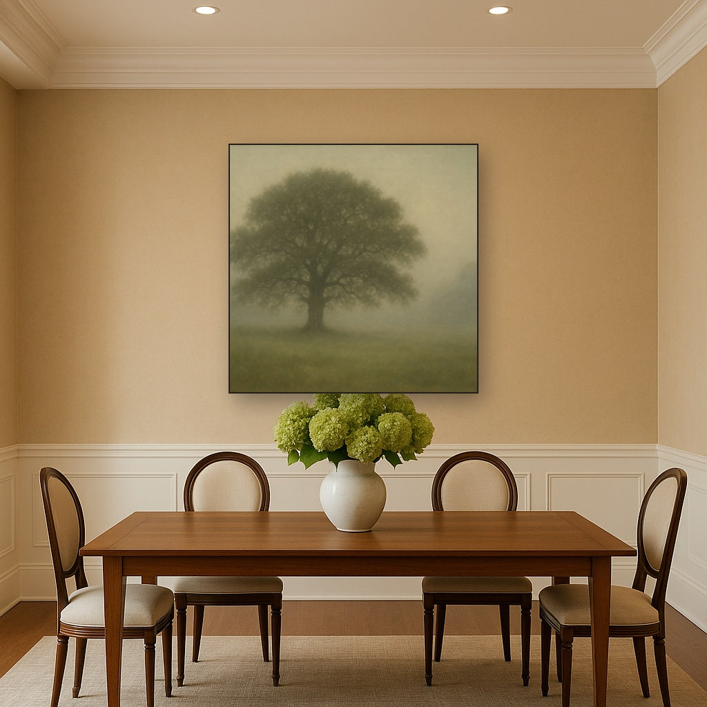 Ancient Solitary Oak in Morning Fog No. 5 Oil Painting - View 4