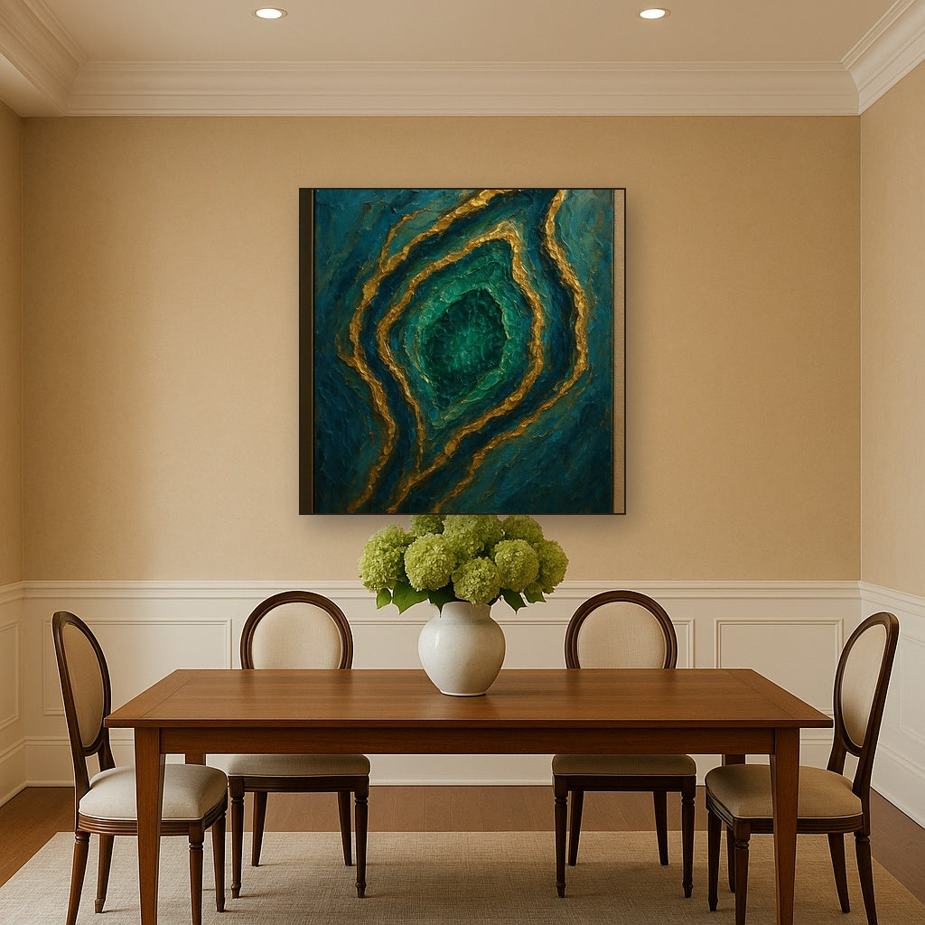 Emerald Geode Liquid Gold Veins Oil Painting - View 4