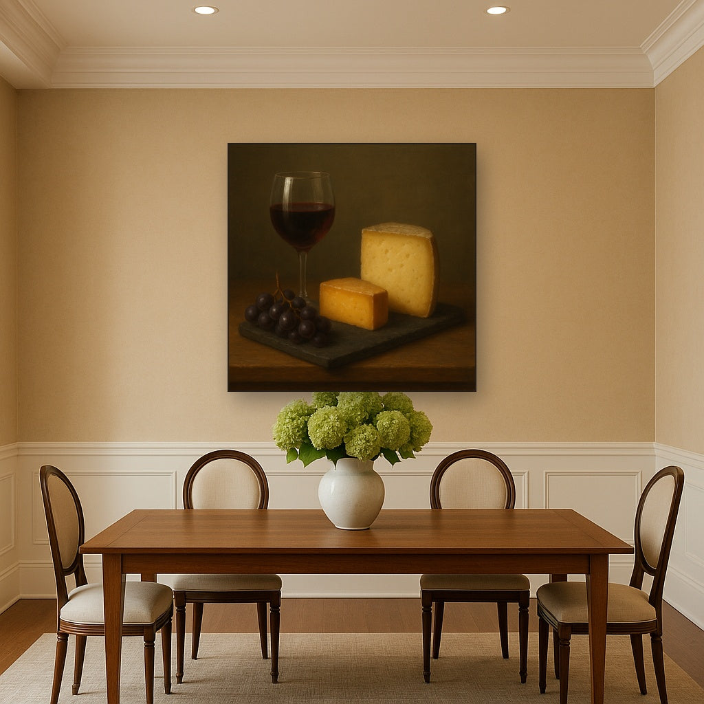 Burgundy Wine Glass & Aged Cheese Board No. 5 Oil Painting - View 4