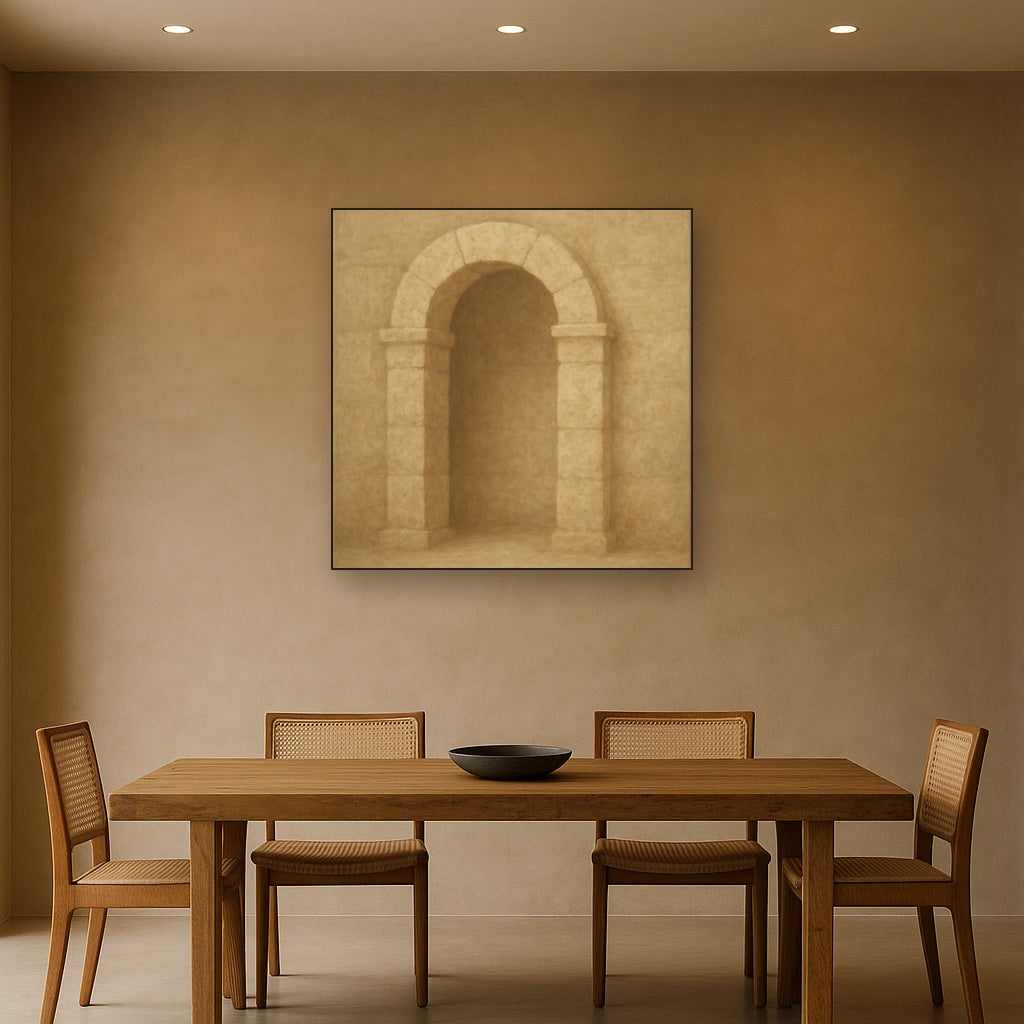 Travertine Stone Arch & Earth Tones No. 20 Oil Painting Staged Above Dining Room Credenza, Elegant Hand Painted Oil Art for Dining Room Walls
