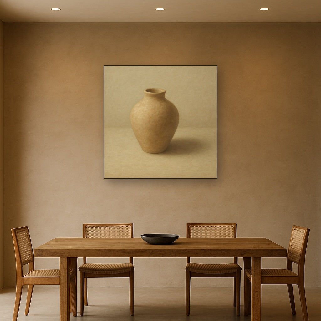 Organic Clay Vessel & Solitary Shadow No. 29 Oil Painting Staged Above Dining Room Credenza, Elegant Hand Painted Oil Art for Dining Room Walls