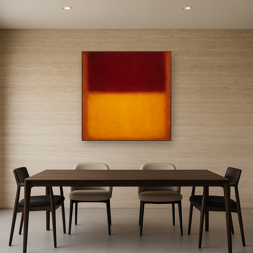 Crimson Burgundy & Saffron Gold Color Vibrations No. 11 Oil Painting Staged Above Dining Room Credenza, Elegant Hand Painted Oil Art for Dining Room Walls