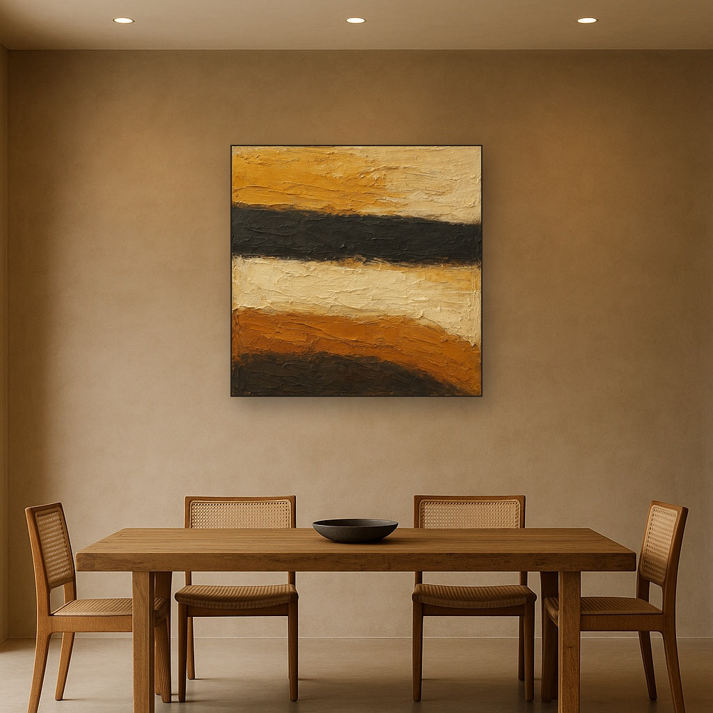 Charcoal & Ochre Horizon Wabi-Sabi Oil Painting - Styled in Elegant Dining Room