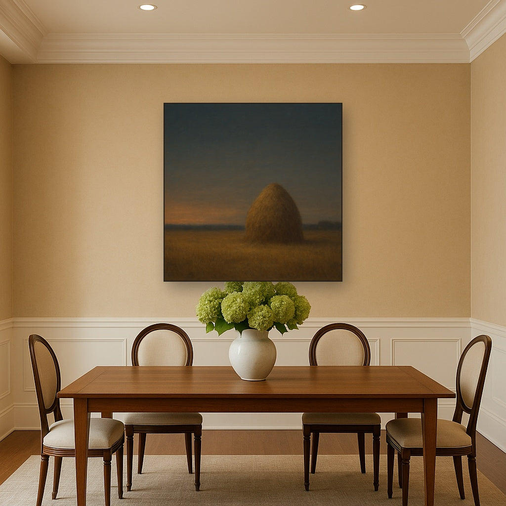 Dusk Horizon over Weathered Haystack No. 9 Oil Painting Staged Above Dining Room Credenza, Elegant Hand Painted Oil Art for Dining Room Walls