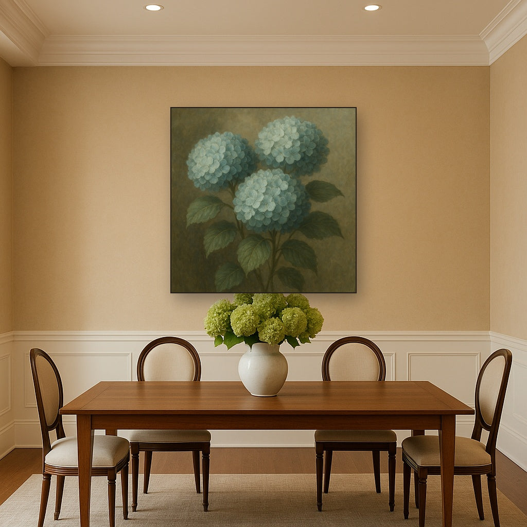 Hydrangea Trio in Dusty Blue & Antiqued Sage No. 11 Fine Art Oil Painting - View 4