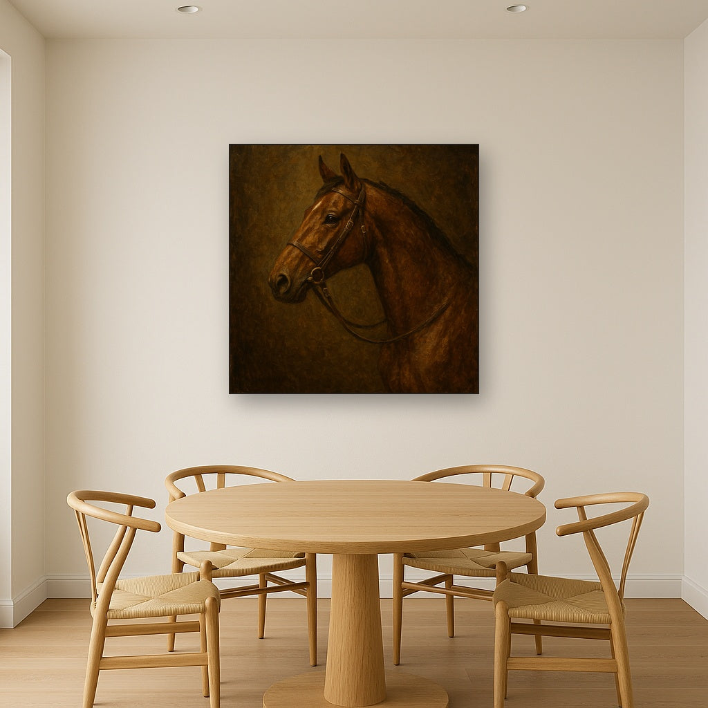 Vintage Equestrian Thoroughbred Portrait No. 3 Oil Painting - Styled in Elegant Dining Room