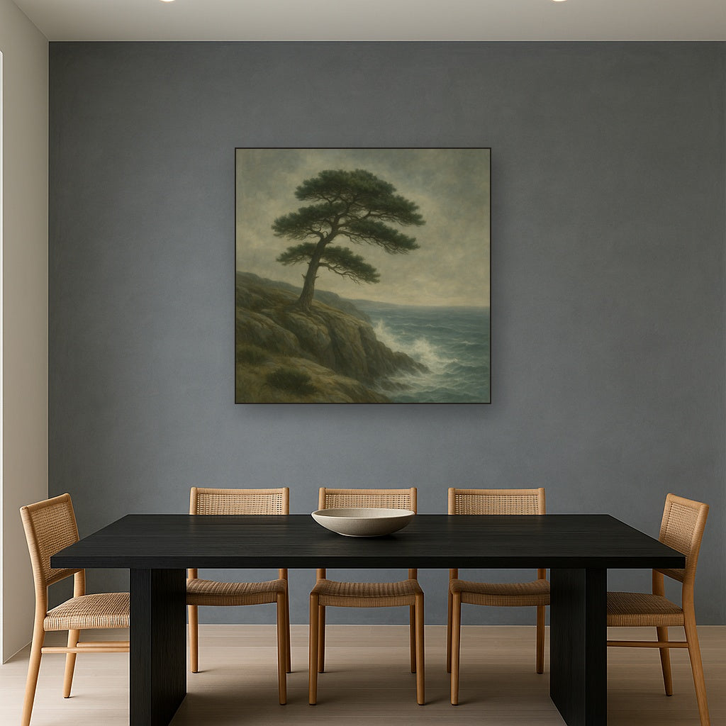 Wild Coastal Pine on Stormy Granite Cliff No. 10 Oil Painting Staged Above Dining Room Credenza, Elegant Hand Painted Oil Art for Dining Room Walls