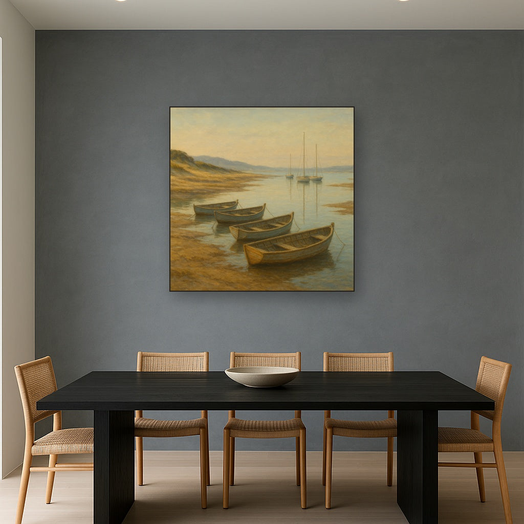 Quiet Fishing Harbor at Morning Low Tide Oil Painting - View 4