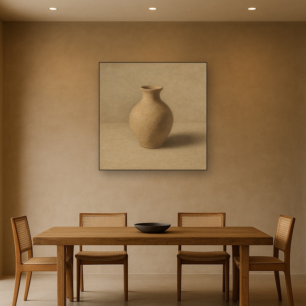 Organic Clay Vessel & Solitary Shadow No. 28 Oil Painting Staged Above Dining Room Credenza, Elegant Hand Painted Oil Art for Dining Room Walls