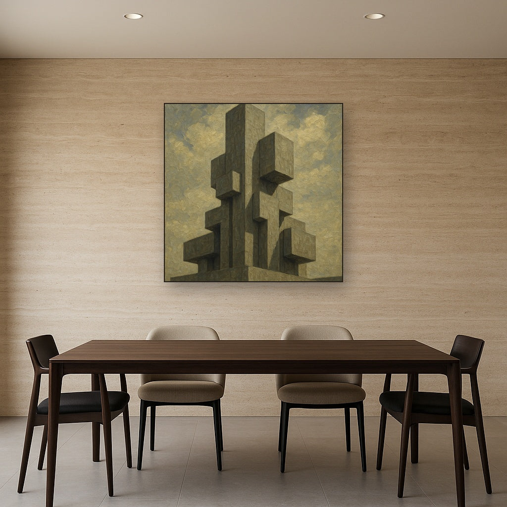 Brutalist Concrete Monolith & Sky No. 5 Oil Painting - Styled in Elegant Dining Room