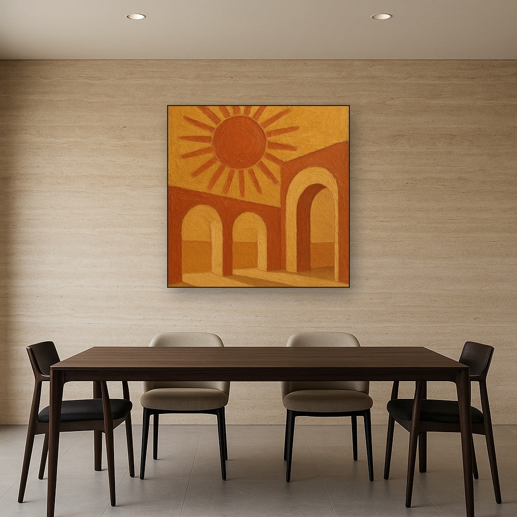 Mid-Century Terracotta Sun & Arches No. 4 Oil Painting - Styled in Elegant Dining Room