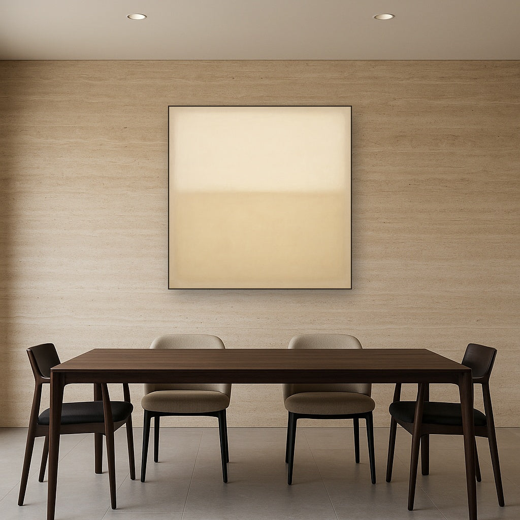 Oatmeal White & Pale Alabaster Monochrome Study No. 30 Oil Painting Staged Above Dining Room Credenza, Elegant Hand Painted Oil Art for Dining Room Walls