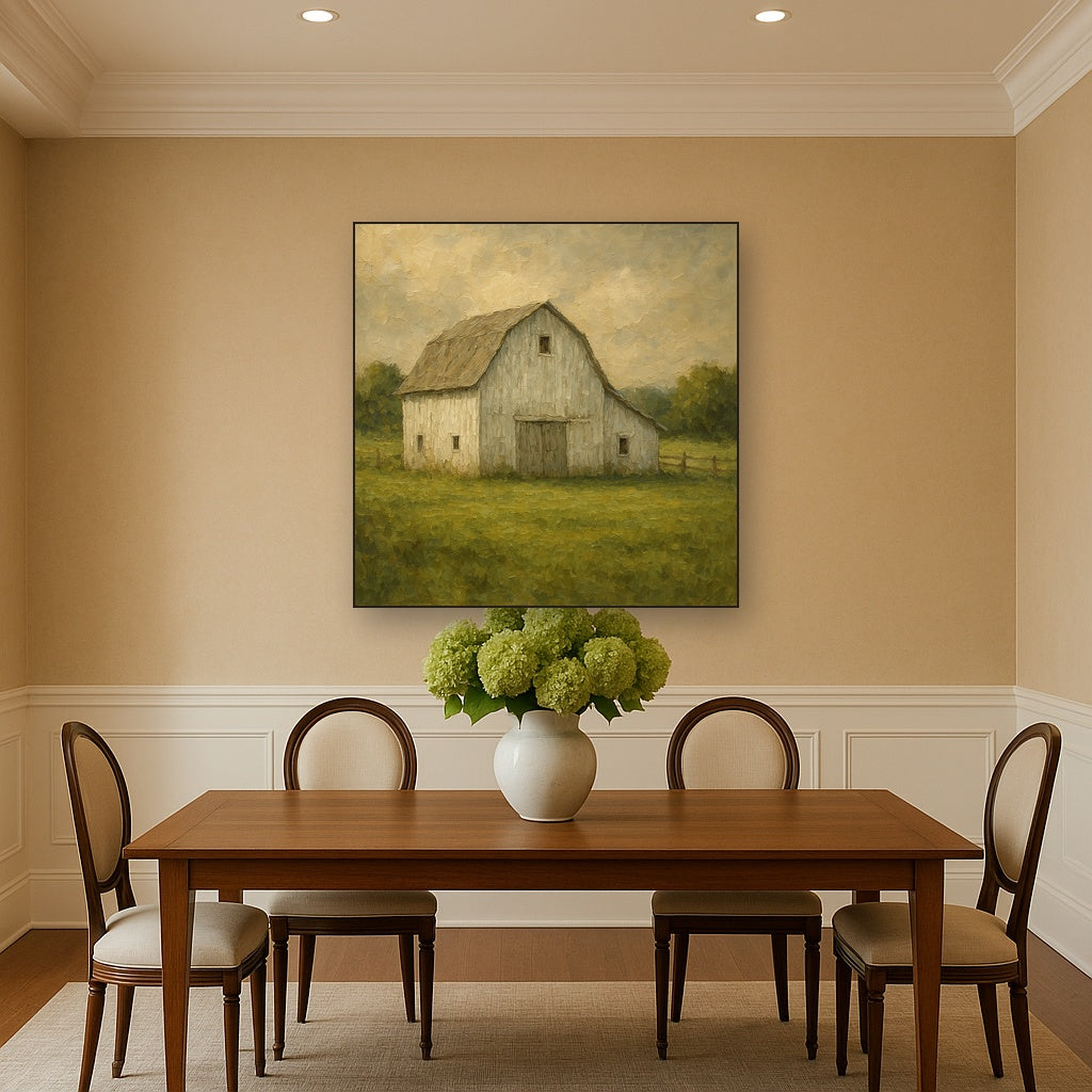 Weathered White Barn & Pasture No. 5 Oil Painting - Styled in Elegant Dining Room