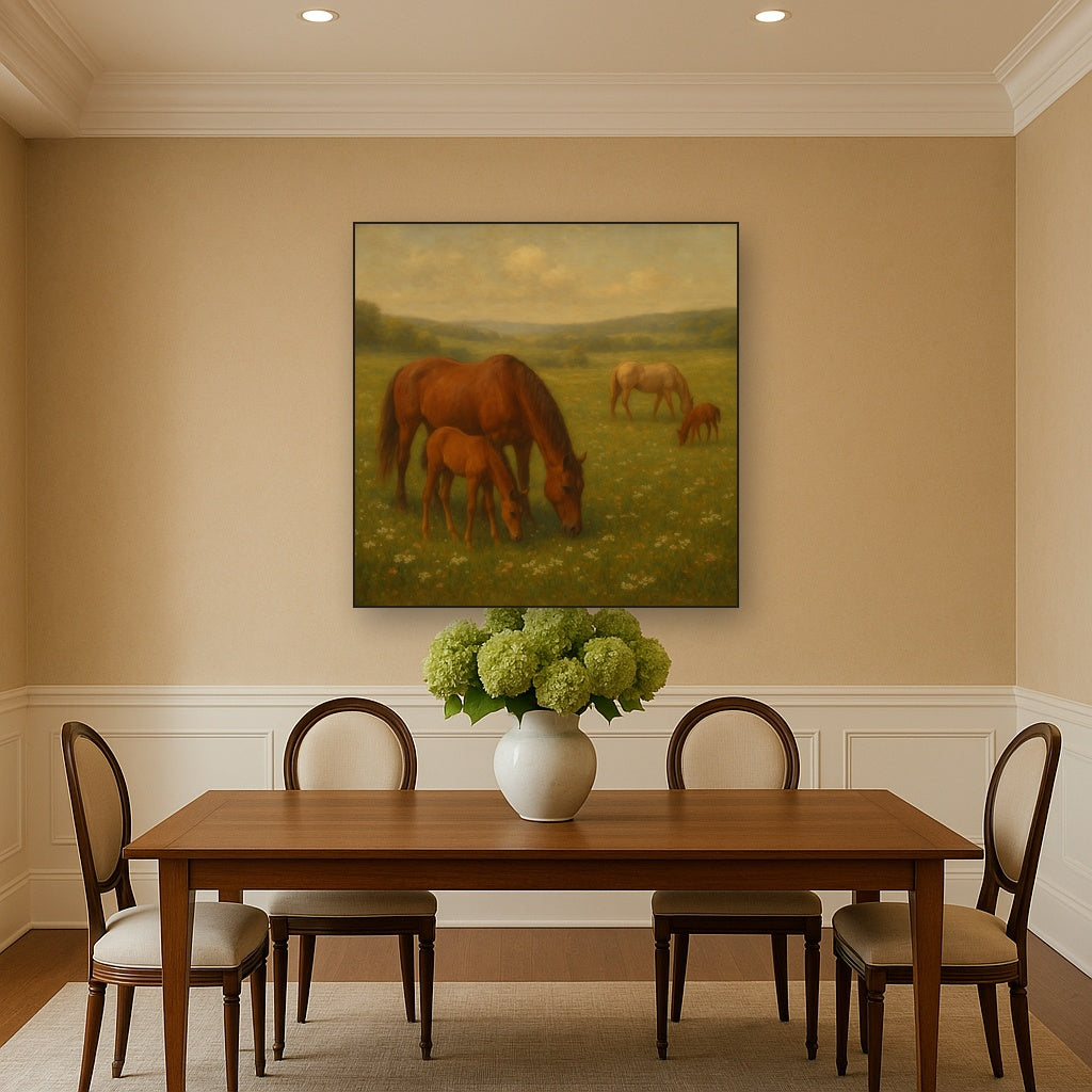 Mares & Foals Grazing in Rolling Meadow No. 4 Oil Painting Staged Above Dining Room Credenza, Elegant Hand Painted Oil Art for Dining Room Walls