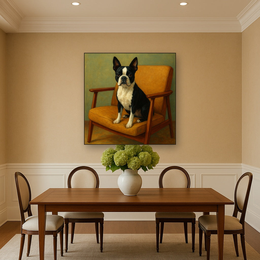 Boston Terrier in Warm Mid-Century Armchair No. 10 Fine Art Oil Painting - View 4