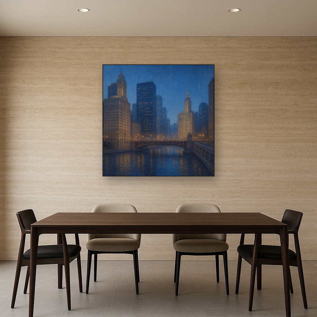 Chicago Riverfront Architecture at Blue Hour No. 14 Oil Painting - View 4