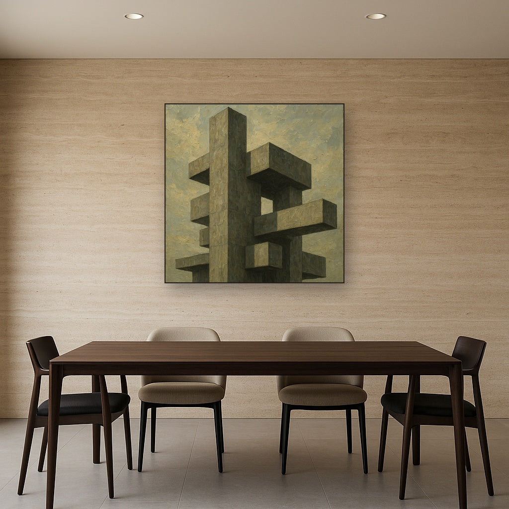 Brutalist Concrete Monolith & Sky No. 7 Oil Painting - Styled in Elegant Dining Room
