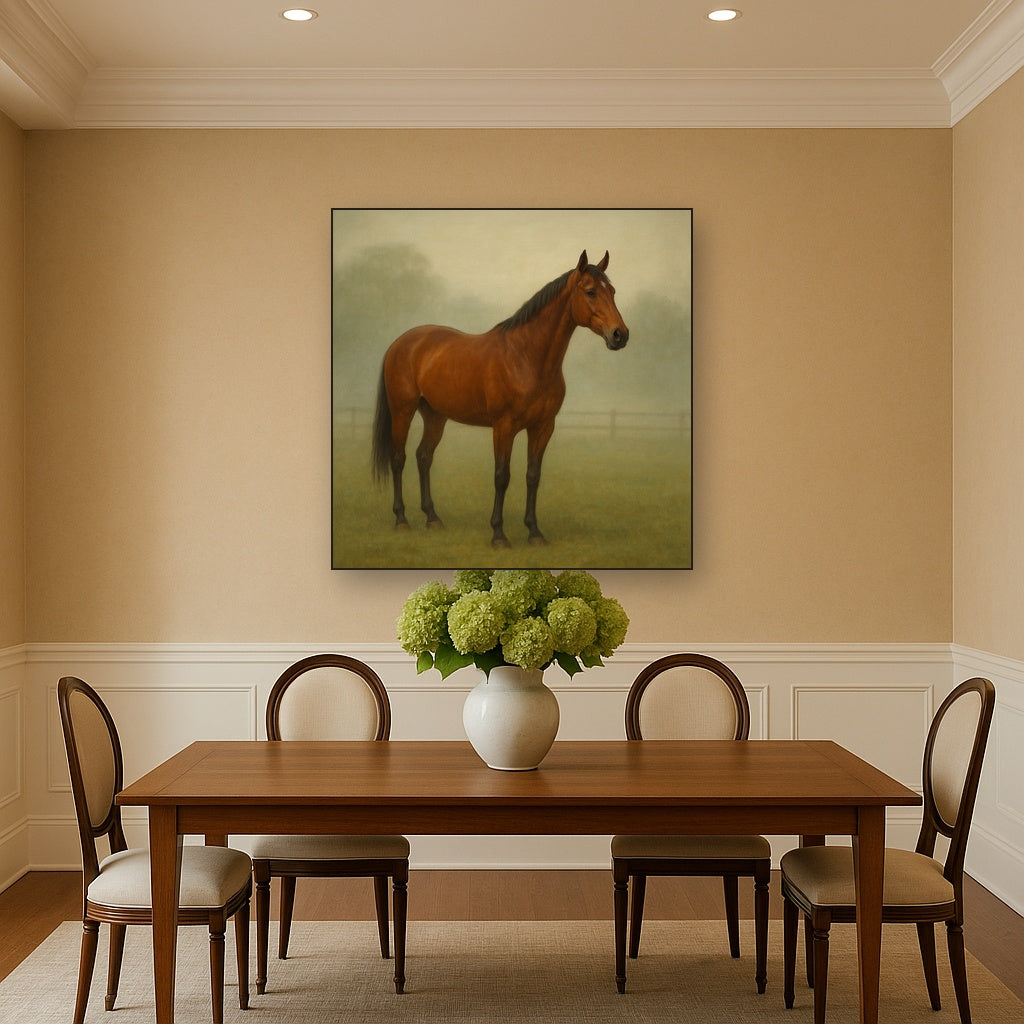Thoroughbred in Morning Pasture Mist No. 18 Oil Painting - View 4