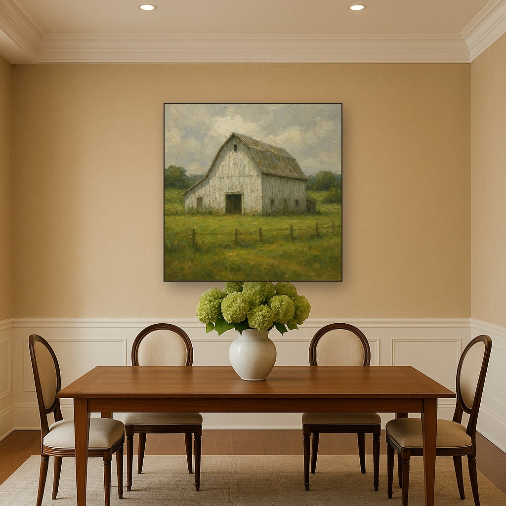 Weathered White Barn & Pasture No. 4 Oil Painting - Styled in Elegant Dining Room