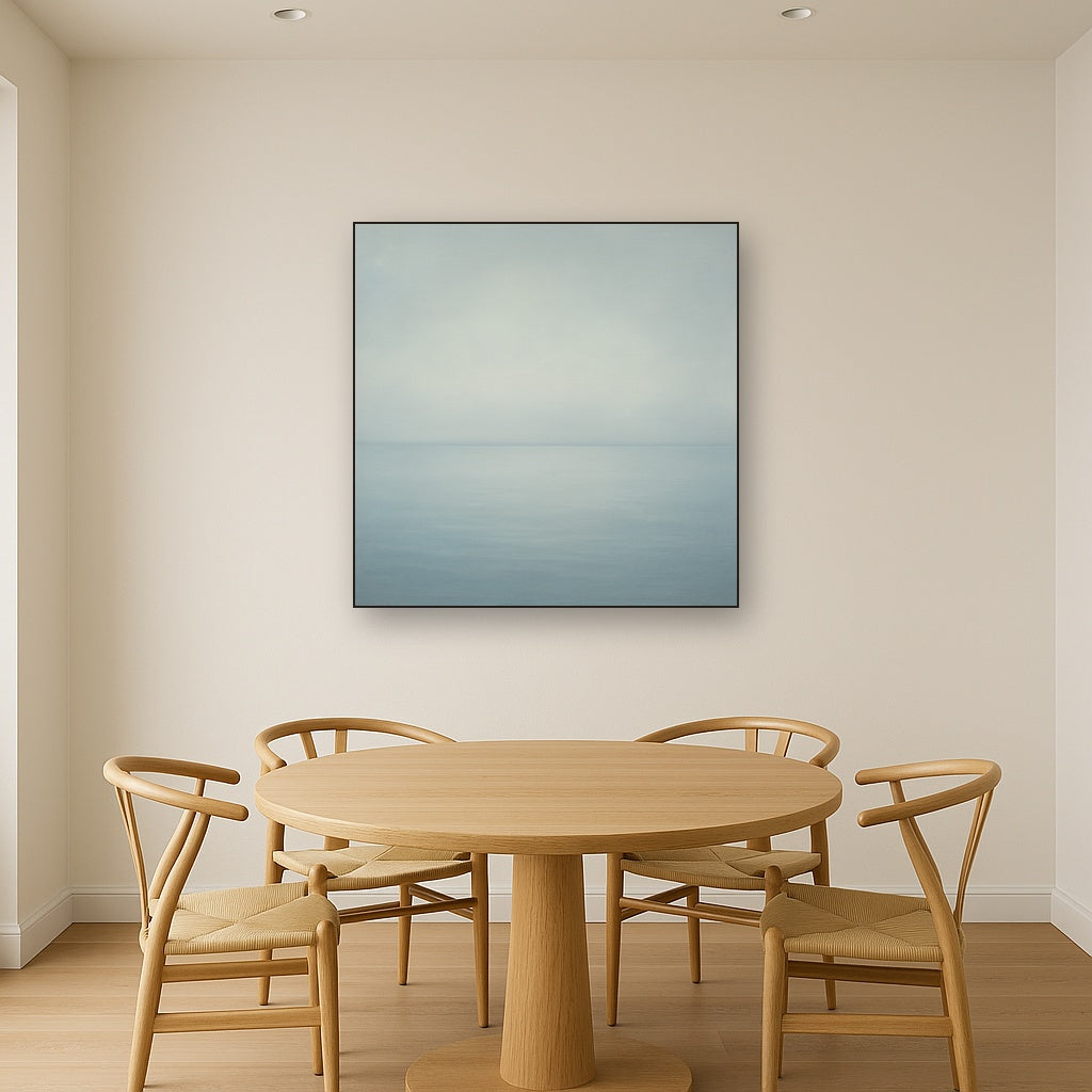 Glass Horizon over Quiet Arctic Waters No. 17 Oil Painting Staged Above Dining Room Credenza, Elegant Hand Painted Oil Art for Dining Room Walls