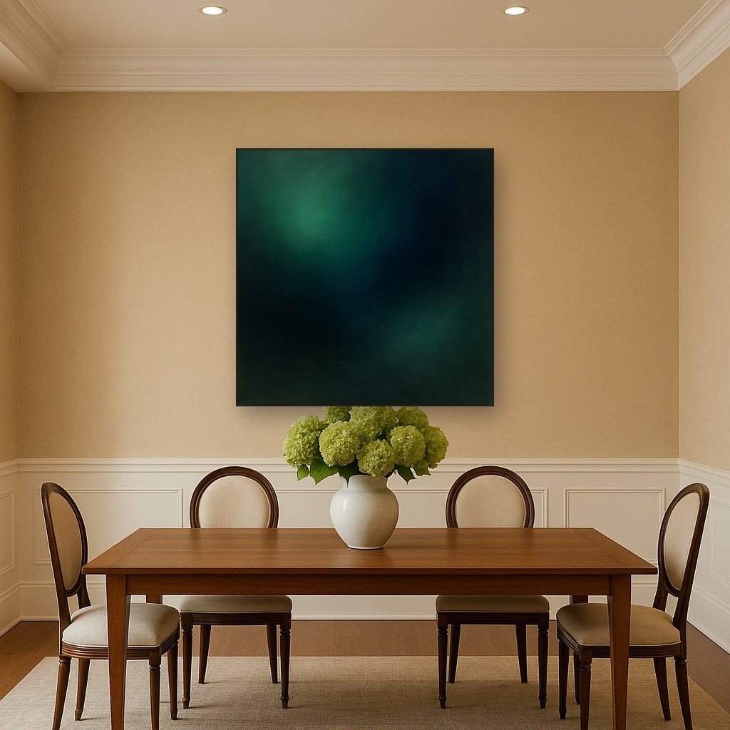Emerald & Midnight Sapphire Sfumato Immersion No. 7 Oil Painting Staged Above Dining Room Credenza, Elegant Hand Painted Oil Art for Dining Room Walls