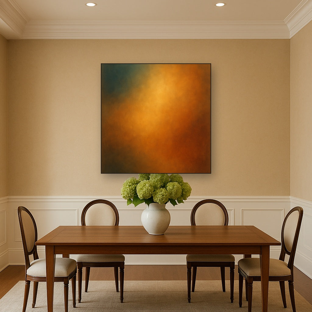 Deep Topaz & Spiced Terracotta Glow No. 8 Oil Painting Staged Above Dining Room Credenza, Elegant Hand Painted Oil Art for Dining Room Walls