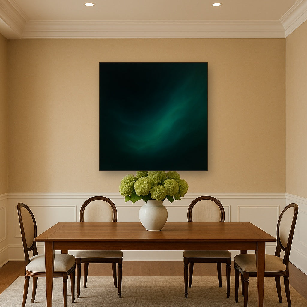 Midnight Teal & Deep Malachite Gradient No. 4 Oil Painting Staged Above Dining Room Credenza, Elegant Hand Painted Oil Art for Dining Room Walls