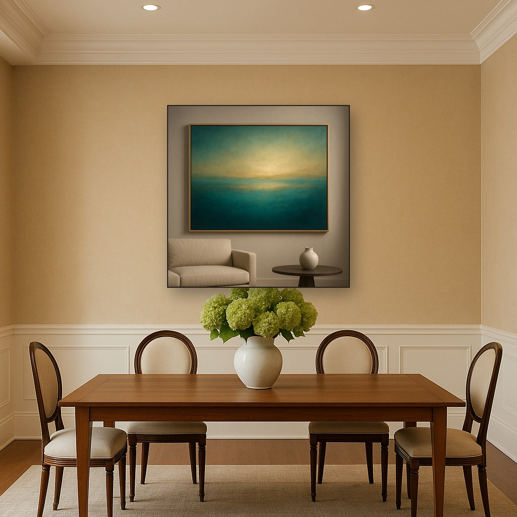 Peacock Teal & Champagne Gold Horizon No. 8 Oil Painting - View 4