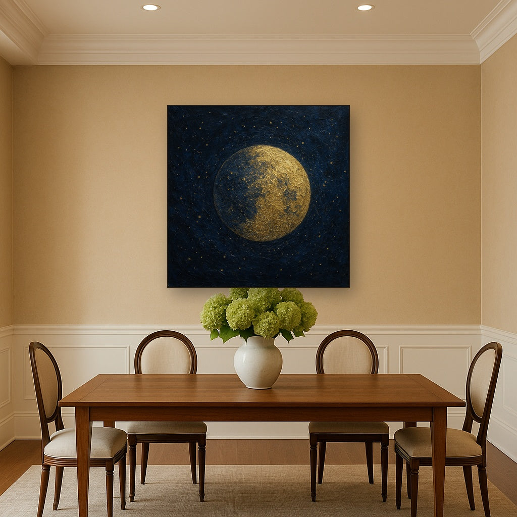 Midnight Celestial Gold Sphere Luxury Oil Painting - Styled in Elegant Dining Room