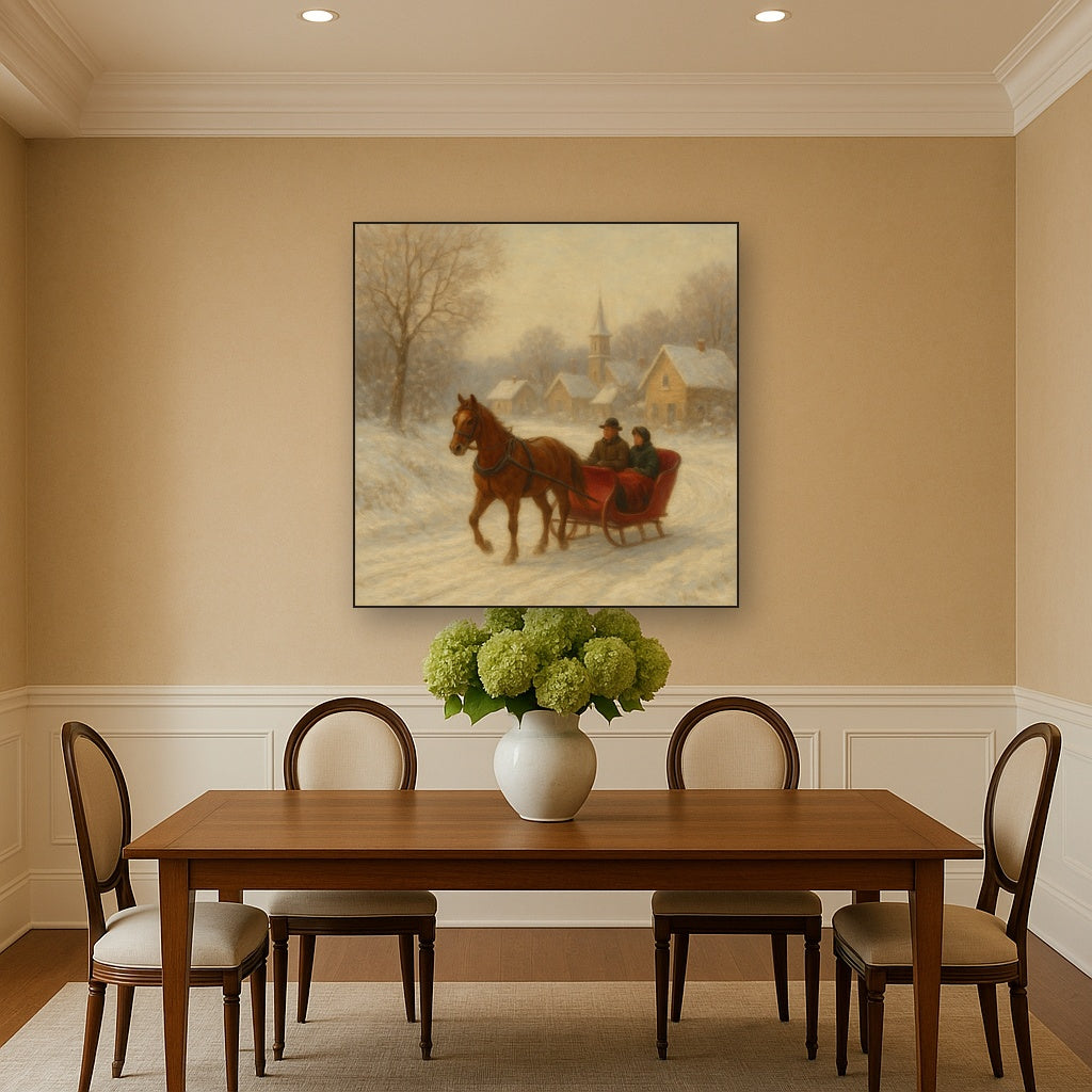 Horse-Drawn Sleigh on Village Snow Road No. 4 Oil Painting - View 4