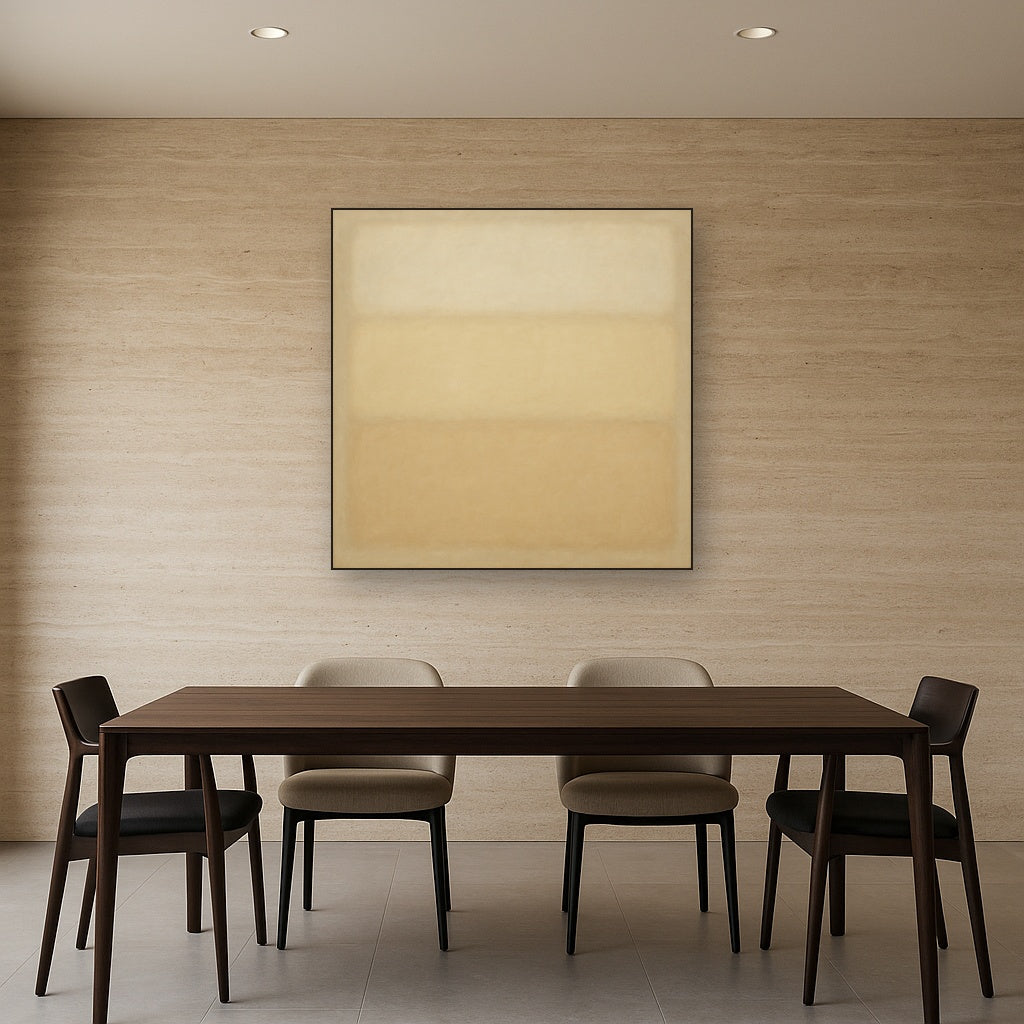 Oatmeal White & Pale Alabaster Monochrome Study Oil Painting Staged Above Dining Room Credenza, Elegant Hand Painted Oil Art for Dining Room Walls